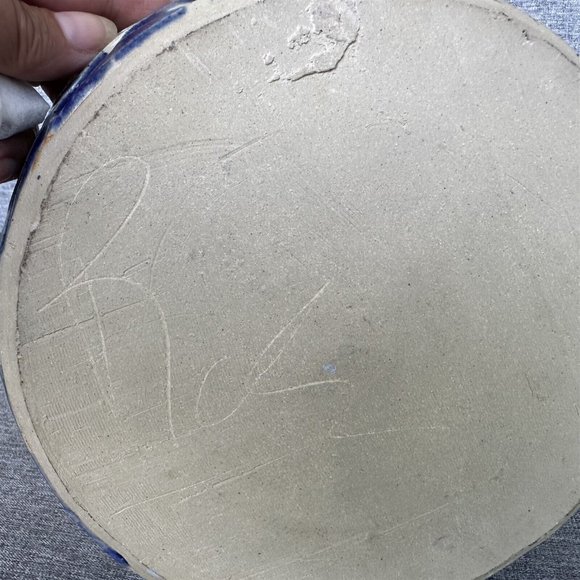 Vintage Pottery Pie Plate Serving Dish Blue Abstract Signed - Picture 7 of 7